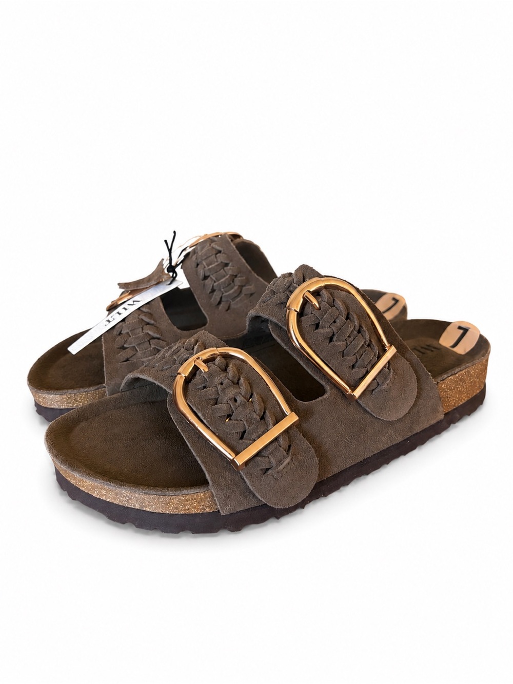 WILT Brown Suede Double-Buckle Braided Slide Sandals with Gold Buckles